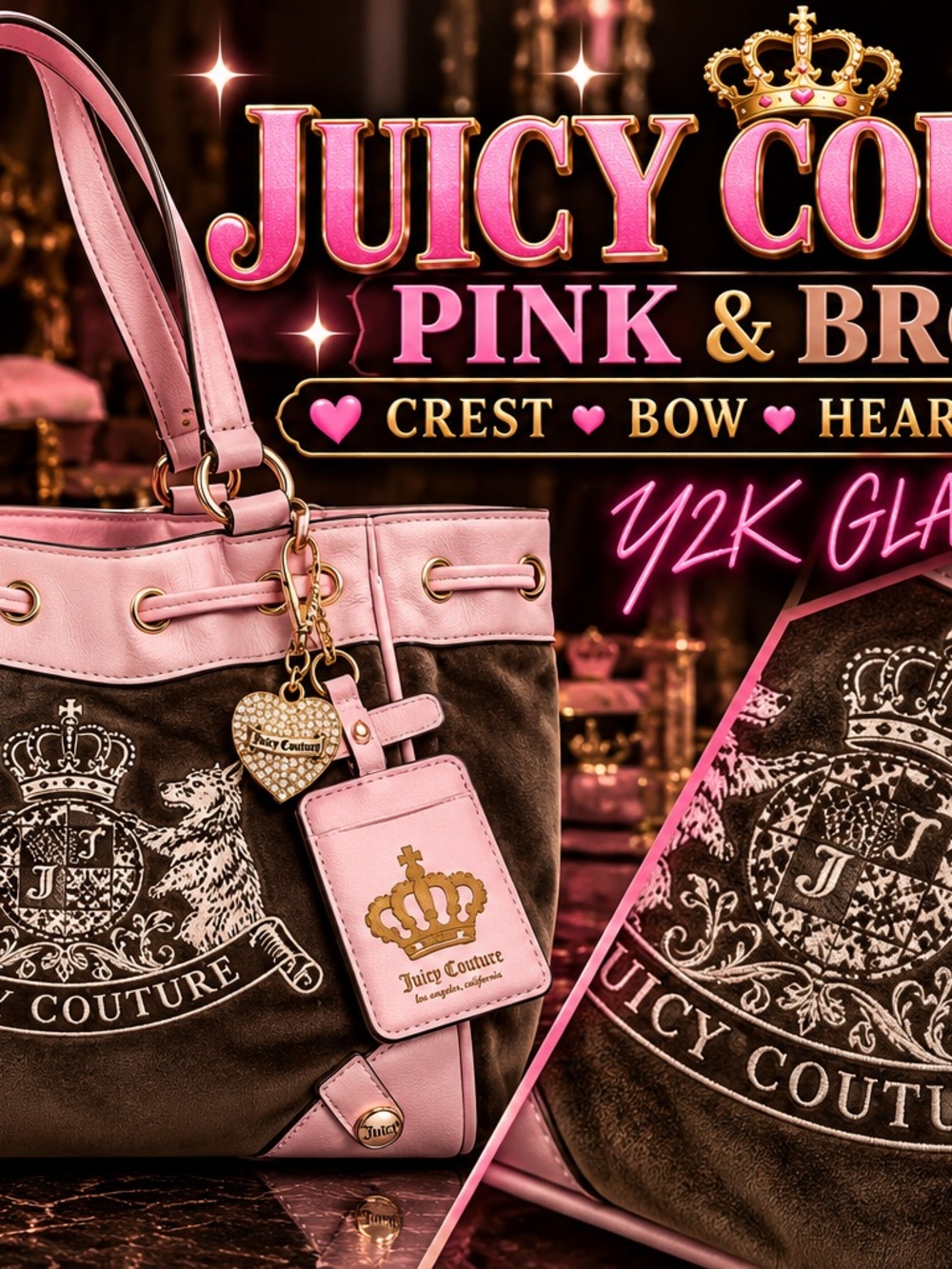 Juicy Couture Pink Brown Tote Bag Crest Bow Heart Charm Card Holder Y2K